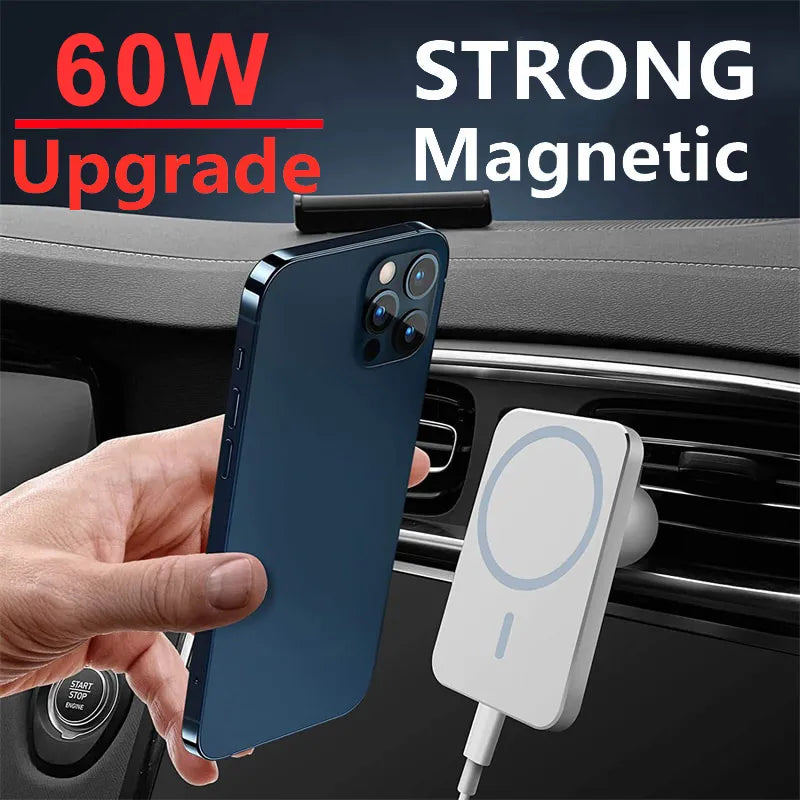 60W Magnetic Fast Car Wireless Charger Phone Holder for IPhone 15 14 13 12 &  Samsung