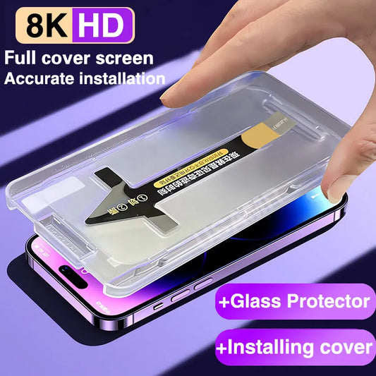 8K High End Tempered Glass screen protector For iPhone 15 14 13 12 With Alignment Mounting Cover